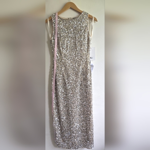 NWT! Mac Duggal, Sleeveless Sequined Midi Sheath Dress, Silver Nude, Size 2 - Picture 4 of 11